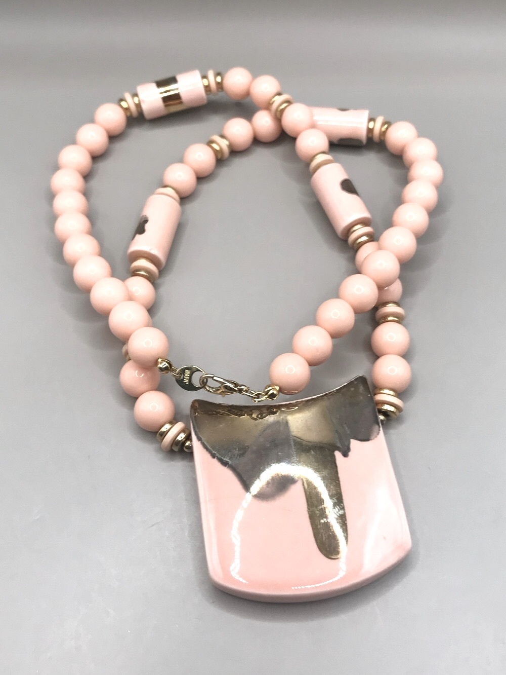 Pastel Pink Beaded Necklace with Gold-Tone Ceramic Pendant